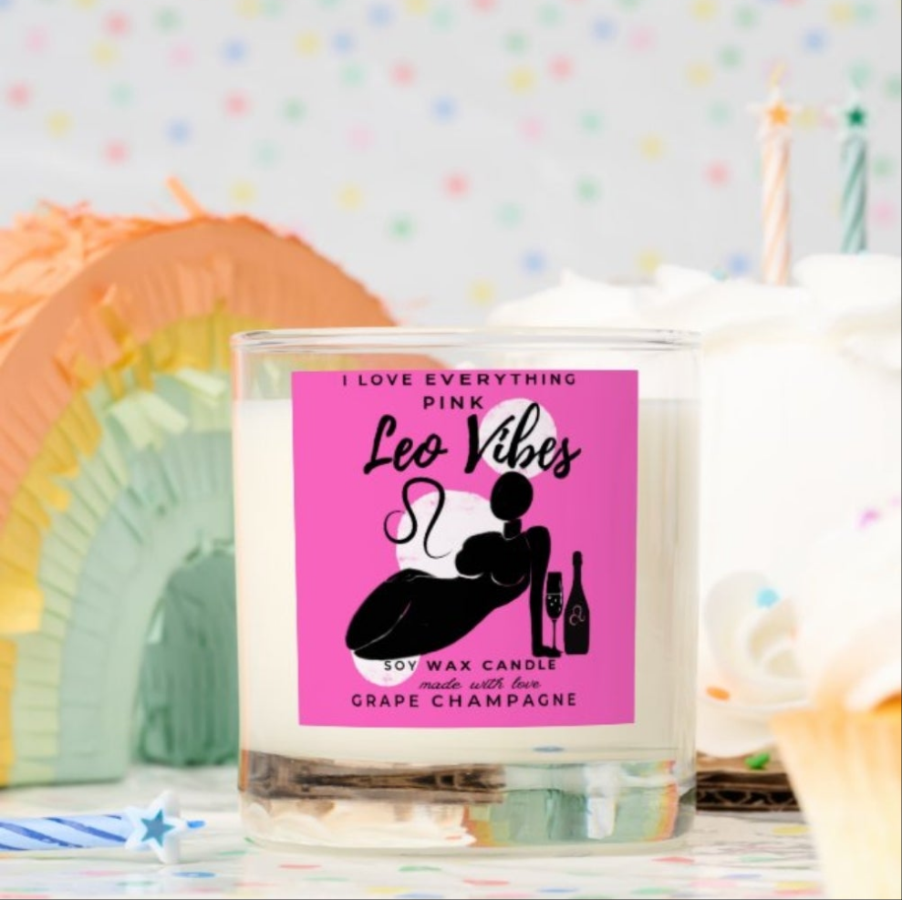 Leo Vibes soy wax
8oz Luxury candle :Fragrance Top: Grape, Champagne Bubbles
Middle: Sparkling Berries, Pink Sugar Soft Amber, Toasted Champagne