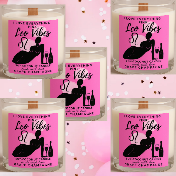 Leo Vibes soy wax
8oz Luxury candle :Fragrance Top: Grape, Champagne Bubbles
Middle: Sparkling Berries, Pink Sugar Soft Amber, Toasted Champagne