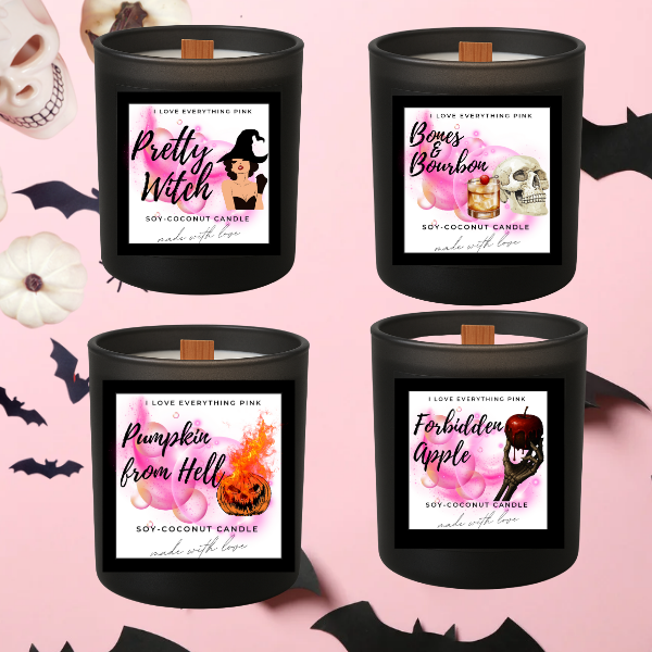 Wicked Pink Bundle – 4 for $50
Limited Edition Halloween Candle Set (7oz Each)
Pretty Witch:Pink Suga
Bone &Bourbon :Kentucky Bourbon + Sweet Vanilla
Forbidden Apple:Champagne, Apple, Honey
Pumpkin from Hell – Pumpkin Pie Spices