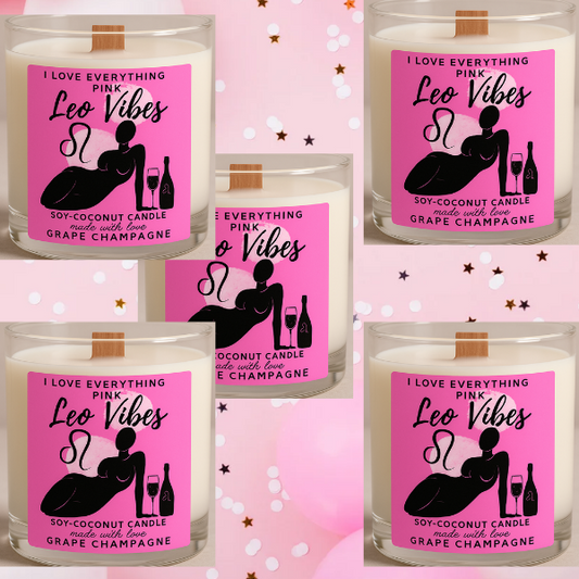 Leo Vibes soy wax (two for $20)
8oz Luxury candle :Fragrance  Top: Grape, Champagne Bubbles
Middle: Sparkling Berries, Pink Sugar Soft Amber, Toasted Champagne