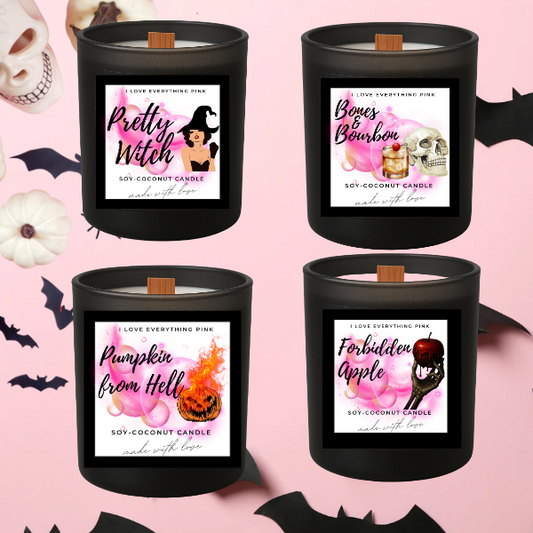 Wicked Pink Bundle – 4 for $50
Limited Edition Halloween Candle Set (7oz Each)

Pretty Witch:Pink Suga
 Bone &Bourbon :Kentucky Bourbon + Sweet Vanilla
 Forbidden Apple:Champagne, Apple, Honey
 Pumpkin from Hell – Pumpkin Pie Spices